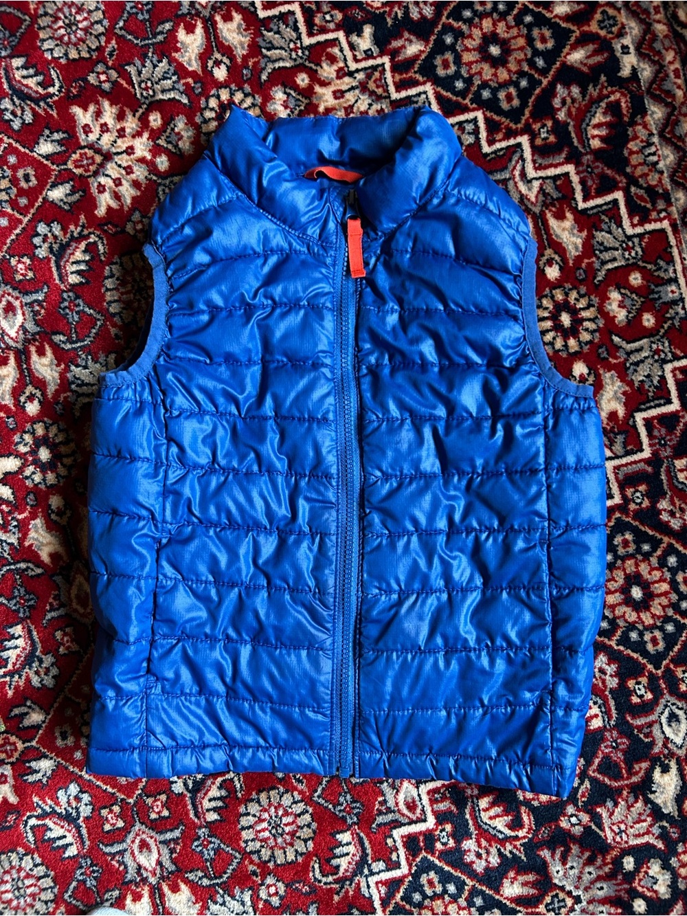 PRIMARY Bright Blue Quilted Puffer Vest with Orange Zip Pull size 6-7